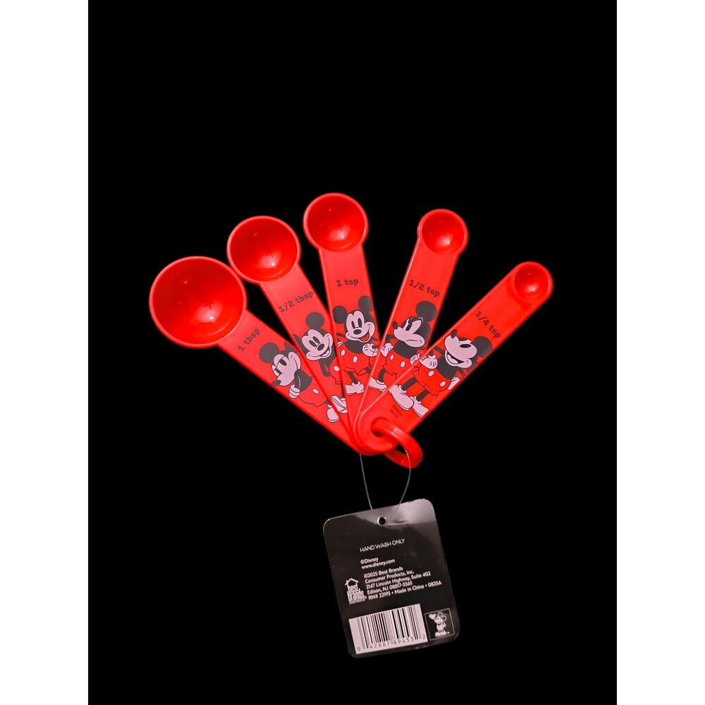 New 5 Pc Disney Mickey Mouse Sturdy Fun Plastic Red Measuring Spoons Set New!
